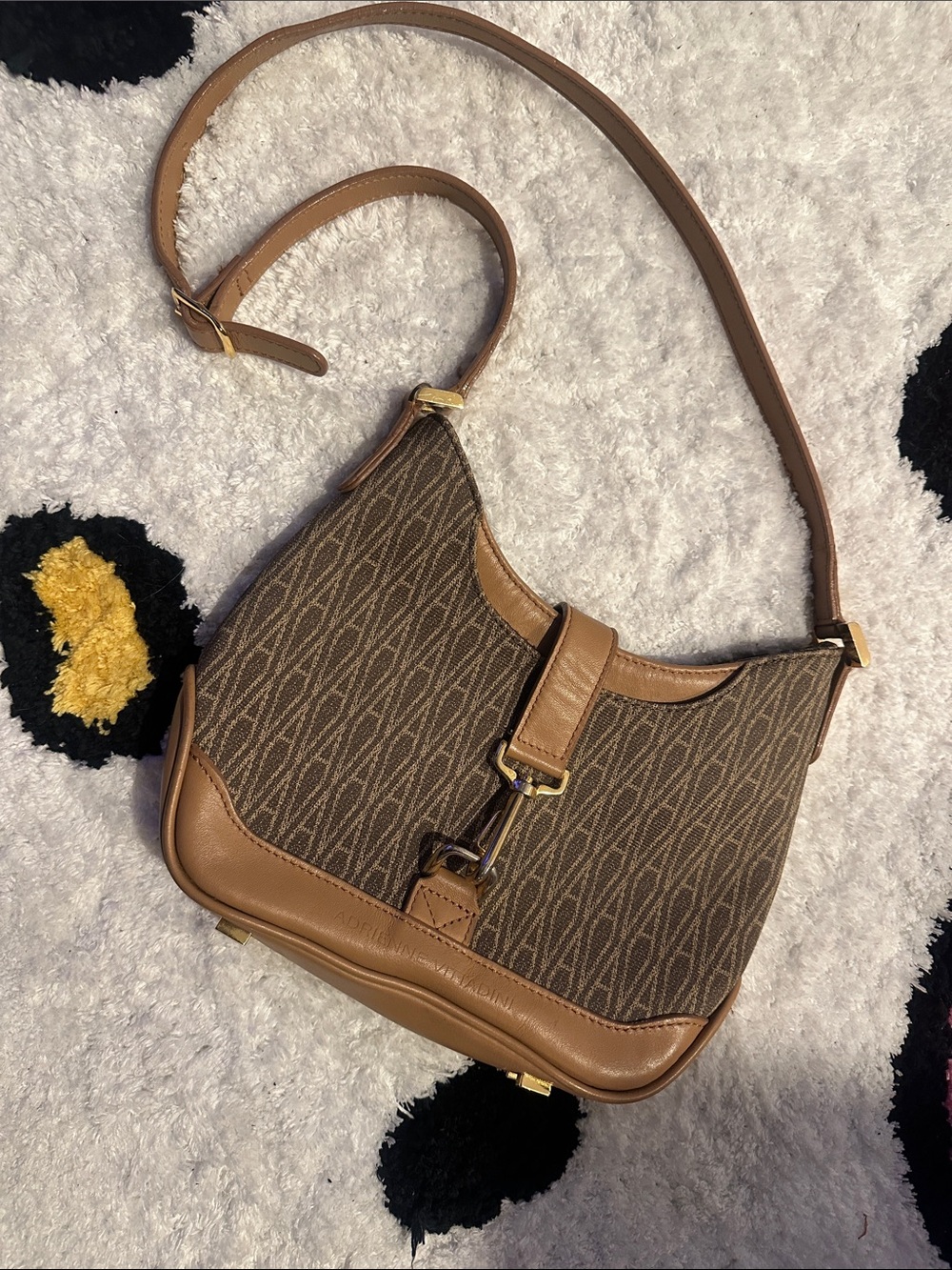 Adrienne Vittadini Brown Monogram Shoulder Bag with Tan Leather Trim